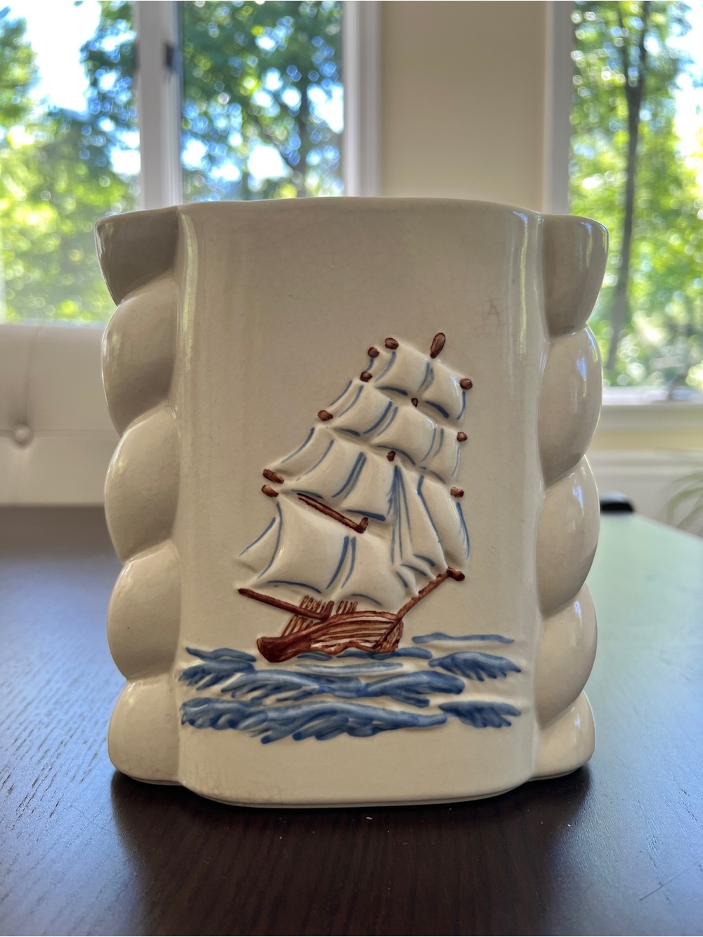 Abingdon Clipper Ship Pottery Vase with Sailboat - White with Blue Nautical